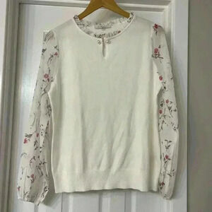 Sioni Milano White Knit Sweater With Sheer Sleeves- Sz. M Office Casual